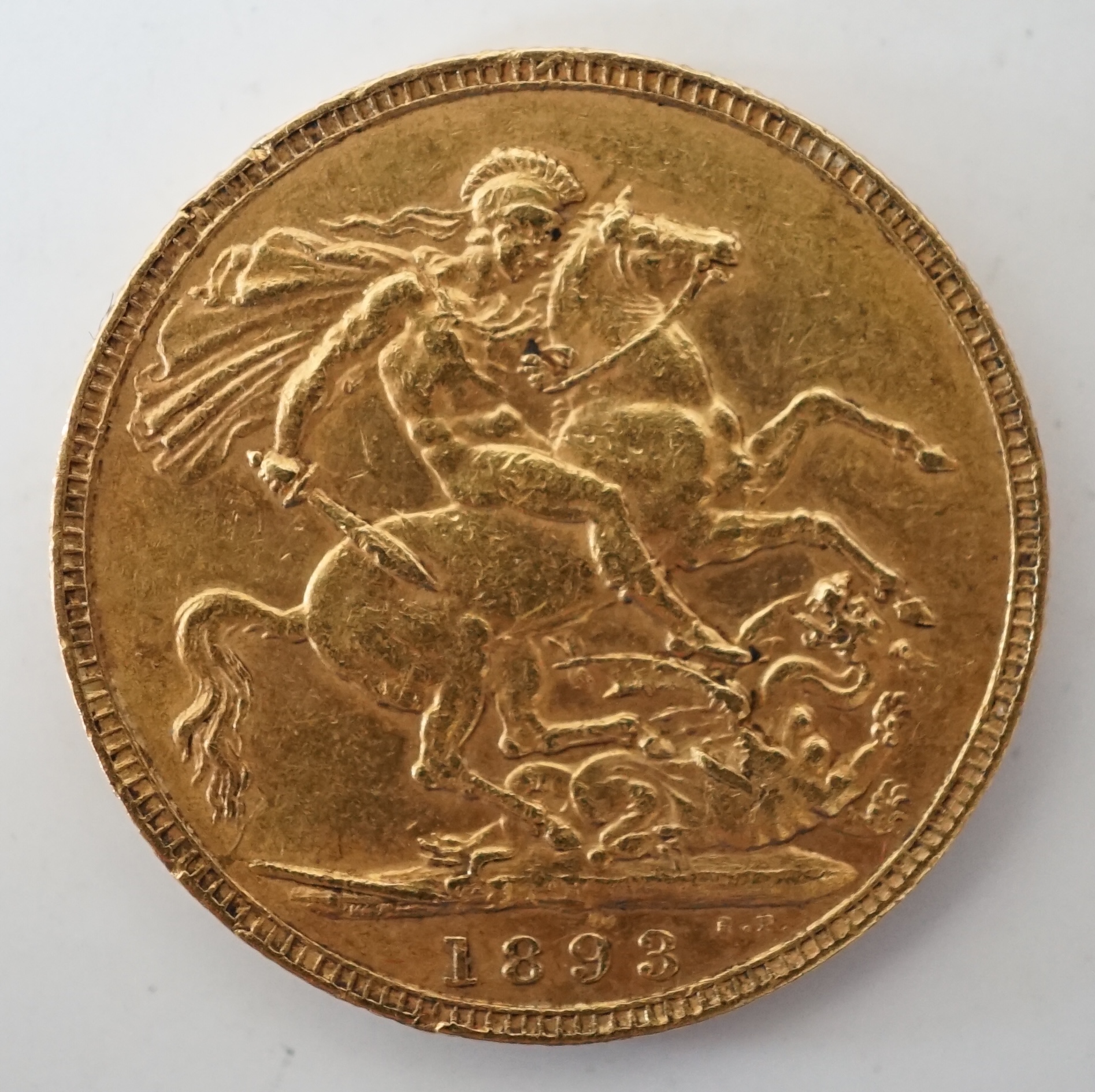 British gold coins, Victoria sovereign, 1893, Veiled head (S3874), edge nicks otherwise good VF